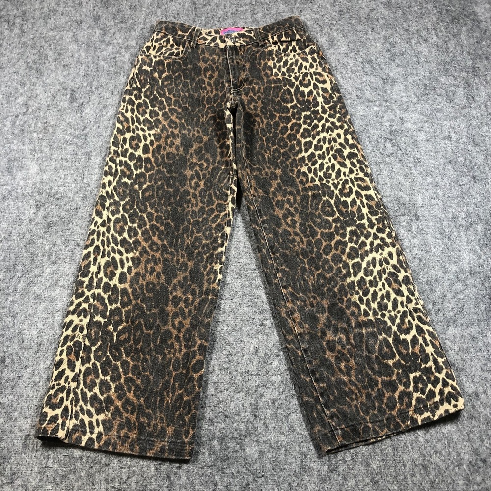 Edikted Jeans Womens XS Brown Leopard Print High Rise Wide Leg Denim Pants‎